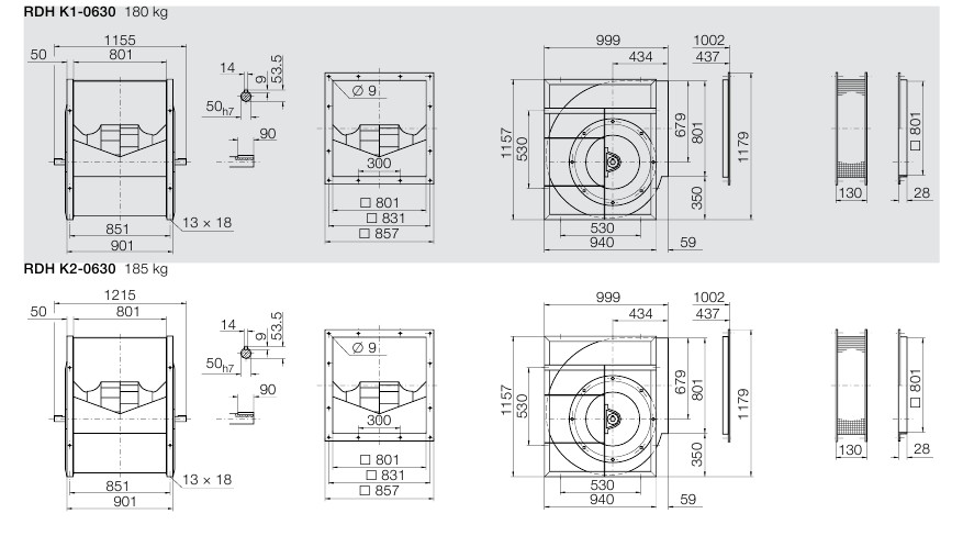 Габаритные размеры Nicotra RDH G2K2 630-1000